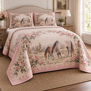 Dusty Pink Pasture Horse Romantic Rose Quilt Set, angled horse romantic rose bedroom view