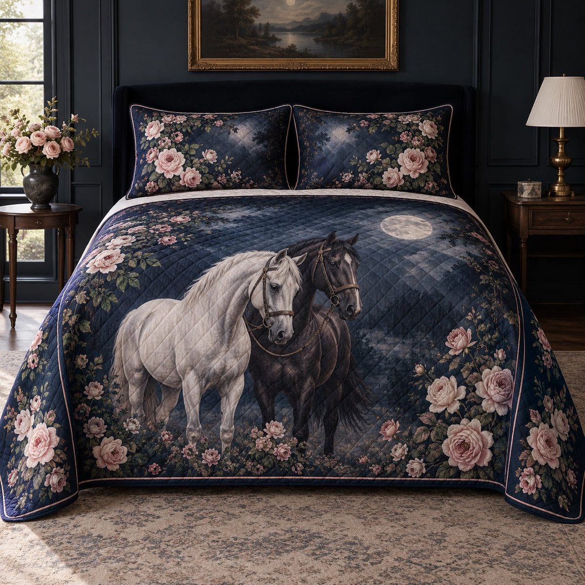 Midnight Rose Horse Horse Romantic Rose Quilt Set, front horse romantic rose bedroom view