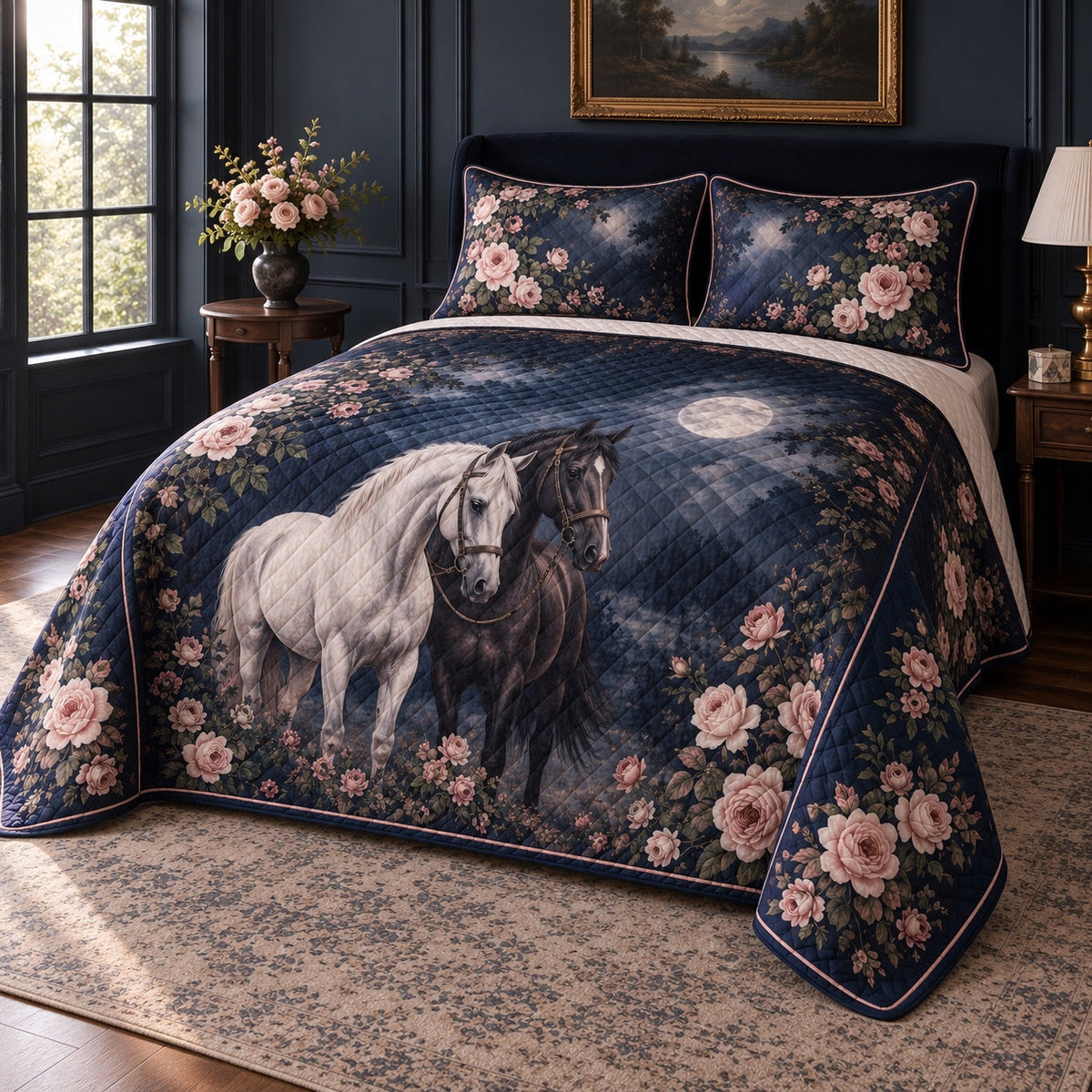 Midnight Rose Horse Horse Romantic Rose Quilt Set, angled horse romantic rose bedroom view