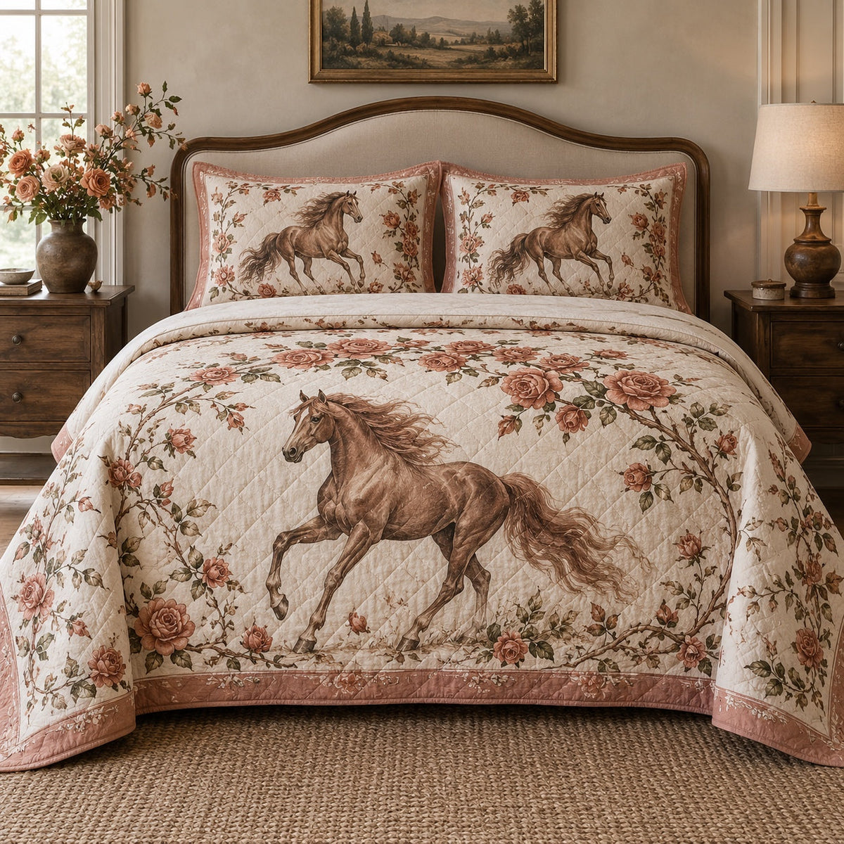 Copper Rose Trail Horse Romantic Rose Quilt Set, front horse romantic rose bedroom view