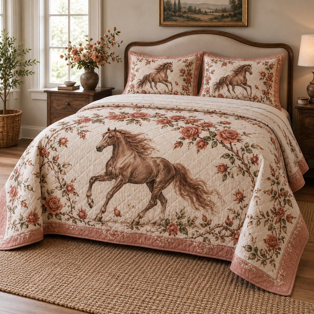 Copper Rose Trail Horse Romantic Rose Quilt Set, angled horse romantic rose bedroom view