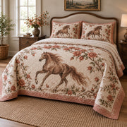 Copper Rose Trail Horse Romantic Rose Quilt Set, angled horse romantic rose bedroom view
