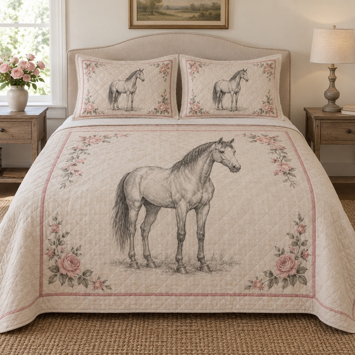 Linen Rose Study Horse Romantic Rose Quilt Set, front horse romantic rose bedroom view