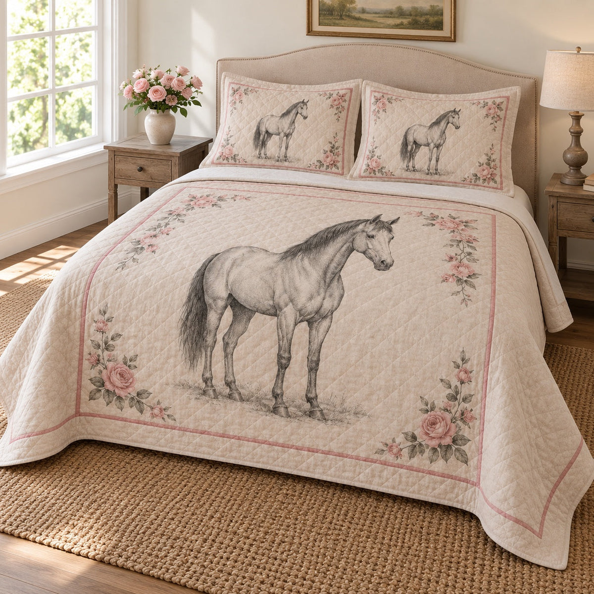 Linen Rose Study Horse Romantic Rose Quilt Set, angled horse romantic rose bedroom view