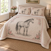 Linen Rose Study Horse Romantic Rose Quilt Set, angled horse romantic rose bedroom view
