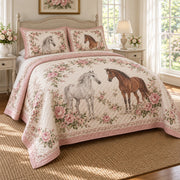 Wild Rose Horses Horse Romantic Rose Quilt Set, angled horse romantic rose bedroom view
