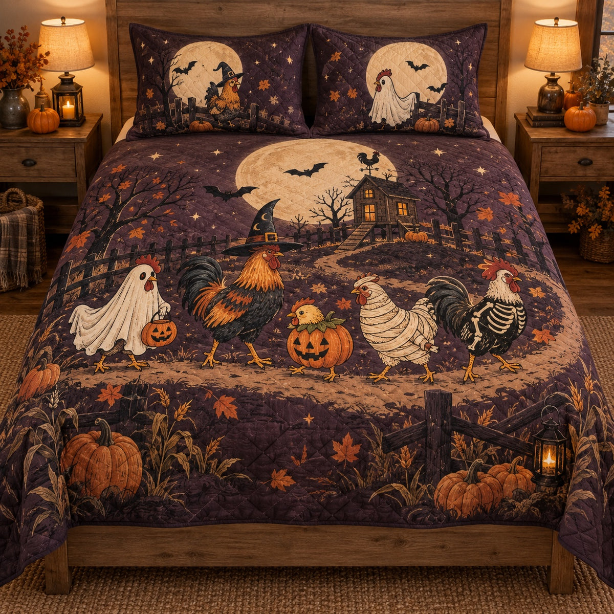 Halloween Chicken Parade Quilt Set, front Hen bedroom view
