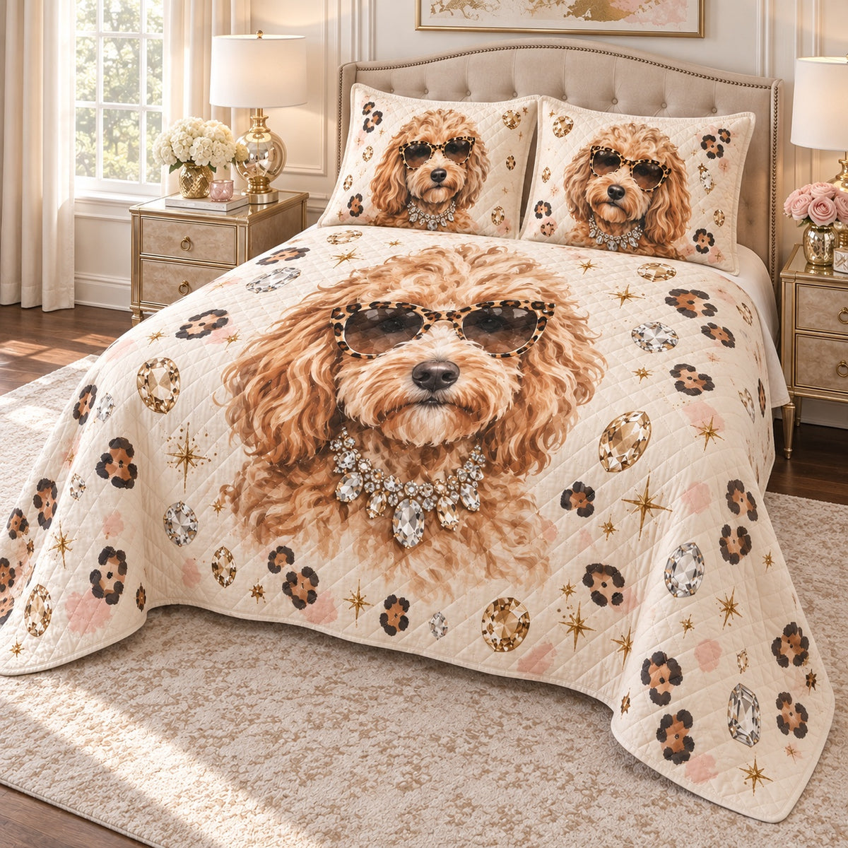 Glam Leopard Doodle Goldendoodle Quilt Set, angled Goldendoodle bedroom view