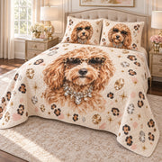 Glam Leopard Doodle Goldendoodle Quilt Set, angled Goldendoodle bedroom view