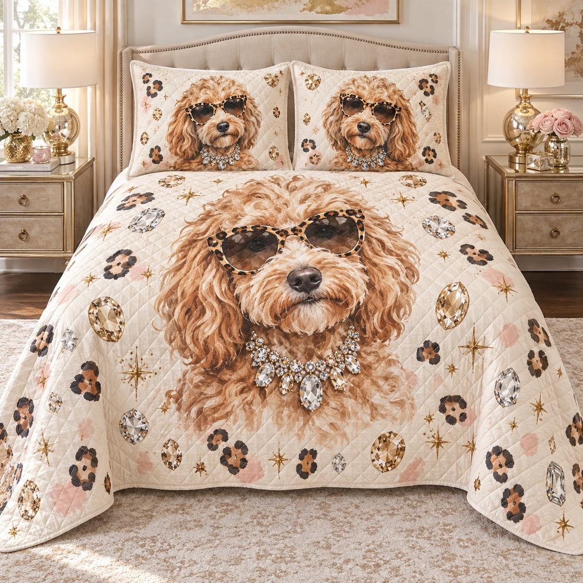 Glam Leopard Doodle Goldendoodle Quilt Set, front Goldendoodle bedroom view