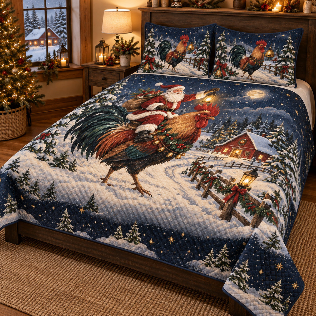 Santa Riding Rooster Christmas Quilt Set, angled rooster bedroom view