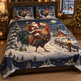 Santa Riding Rooster Christmas Quilt Set