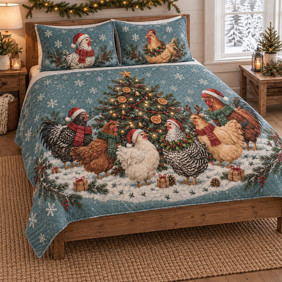 Christmas Chicken Gathering Quilt Set, angled Hen bedroom view