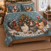 Christmas Chicken Gathering Quilt Set, angled Hen bedroom view
