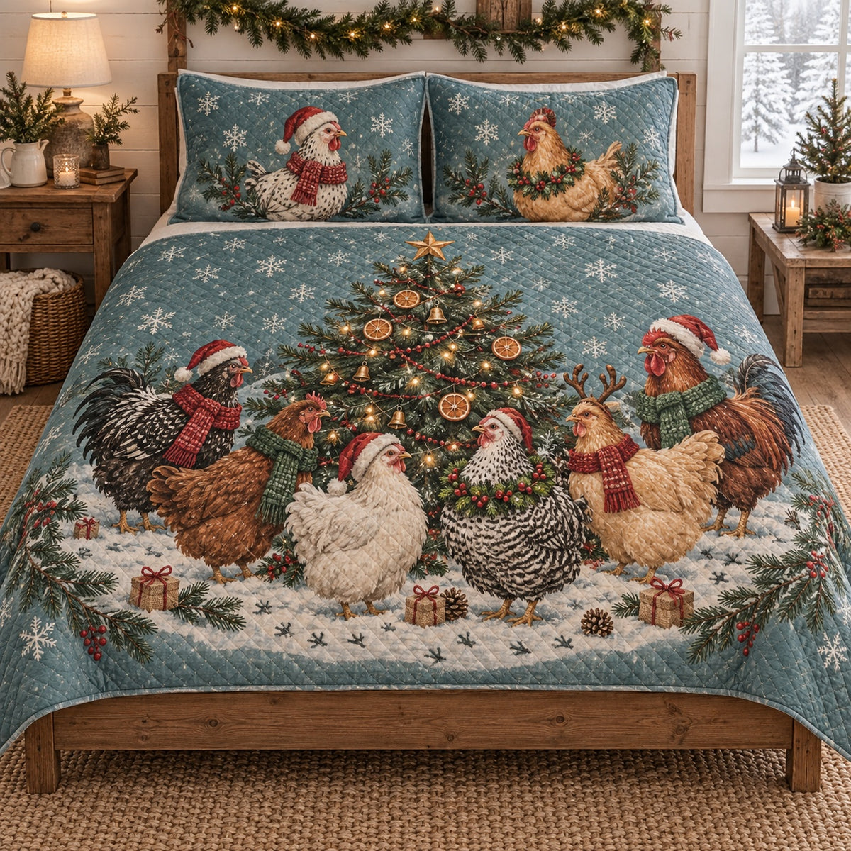 Christmas Chicken Gathering Quilt Set, front Hen bedroom view