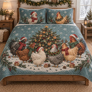 Christmas Chicken Gathering Quilt Set, front Hen bedroom view