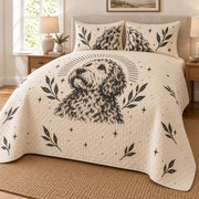 Linocut Portrait Doodle Goldendoodle Quilt Set, angled Goldendoodle bedroom view