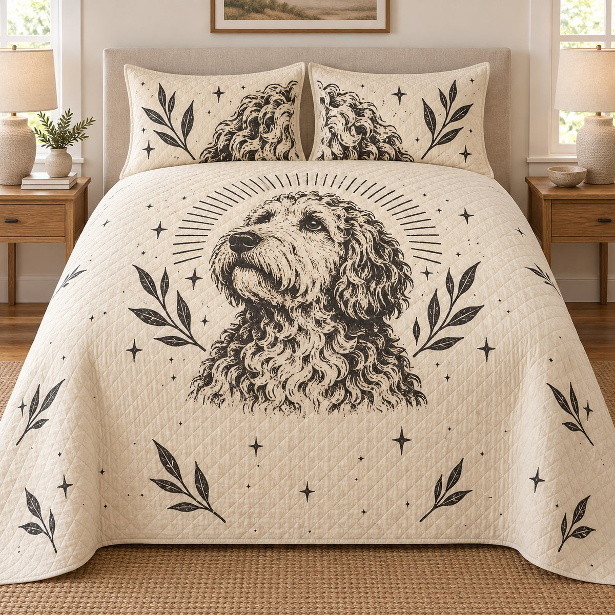 Linocut Portrait Doodle Goldendoodle Quilt Set