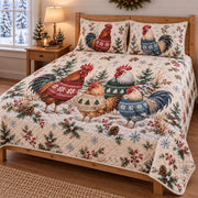 Cozy Christmas Roosters in Sweaters Quilt Set, angled rooster bedroom view