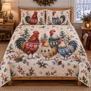 Cozy Christmas Roosters in Sweaters Quilt Set, front rooster bedroom view