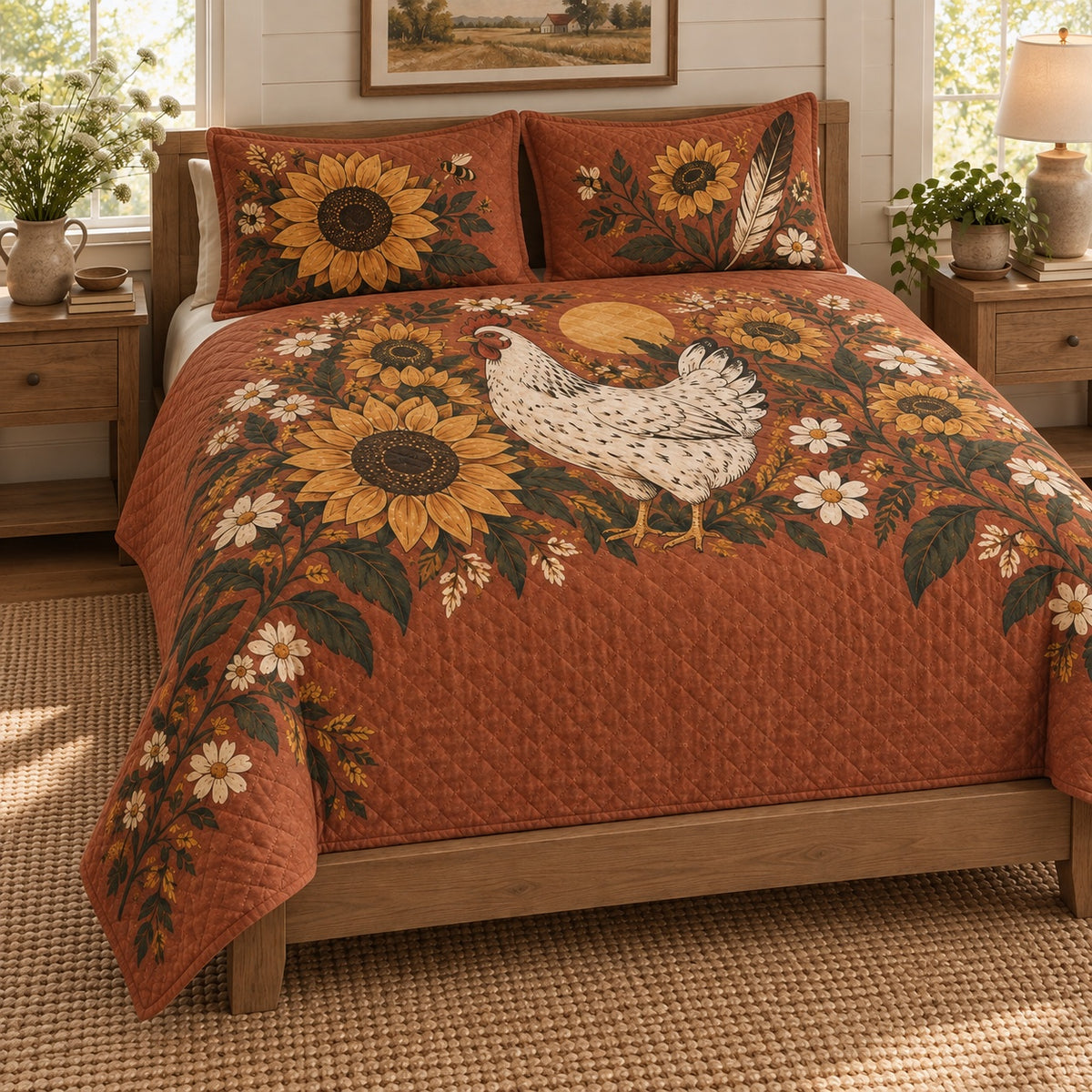 Sunflower Hen Cottage Garden Quilt Set, angled Hen bedroom view