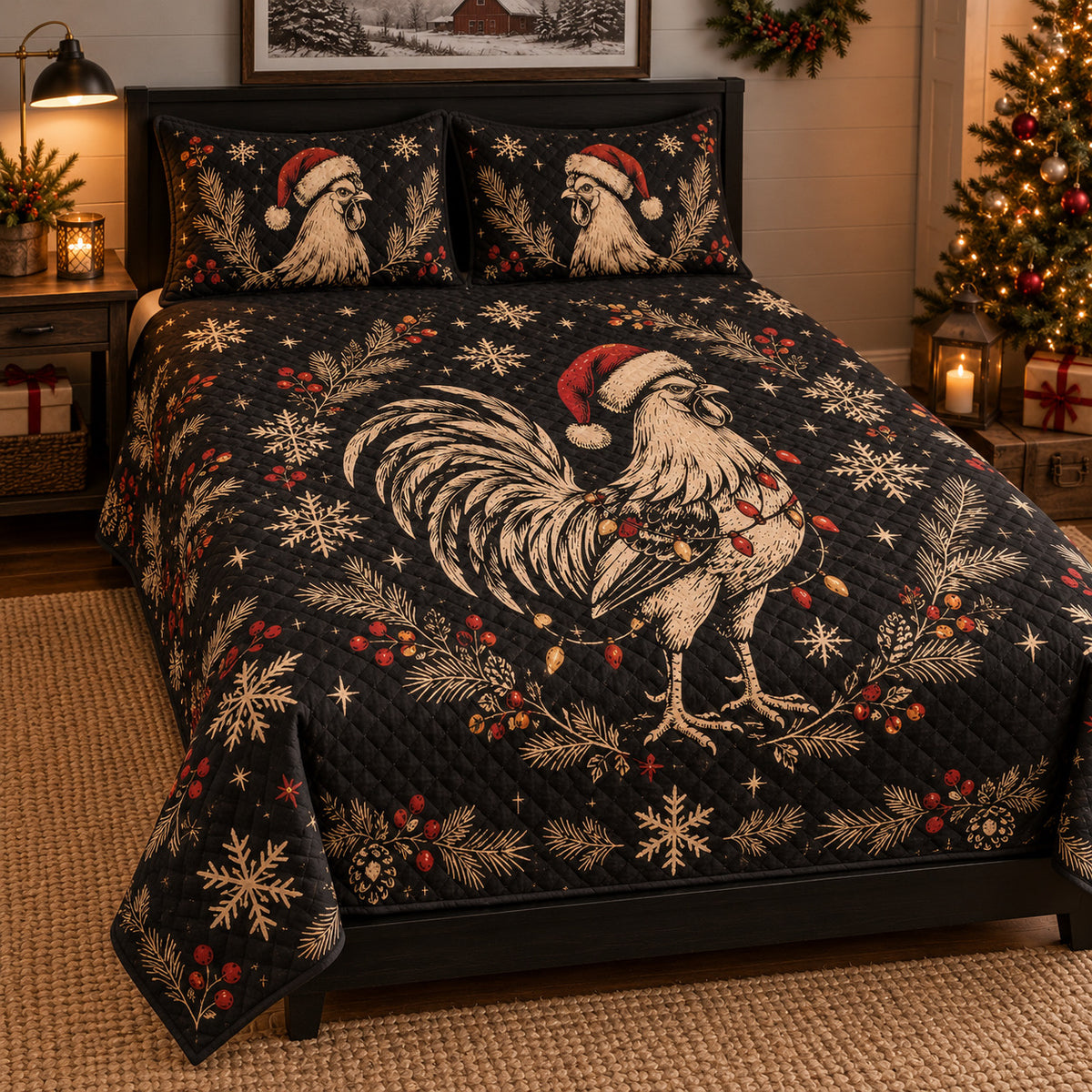 Christmas Rooster Woodcut Quilt Set, angled rooster bedroom view