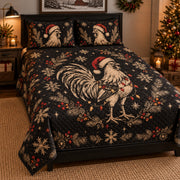 Christmas Rooster Woodcut Quilt Set, angled rooster bedroom view