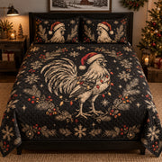 Christmas Rooster Woodcut Quilt Set, front rooster bedroom view
