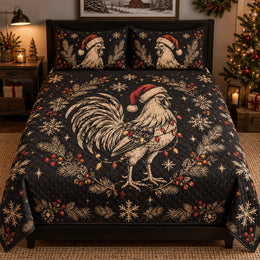 Christmas Rooster Woodcut Quilt Set