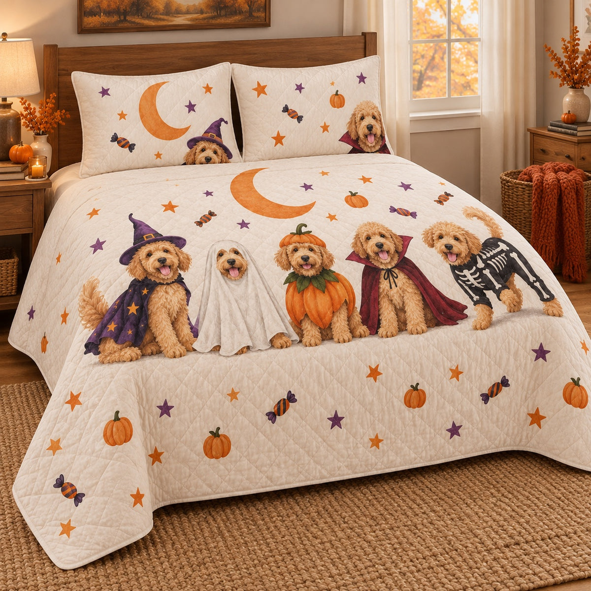 Costume Parade Doodle Goldendoodle Halloween Quilt Set, angled Goldendoodle bedroom view