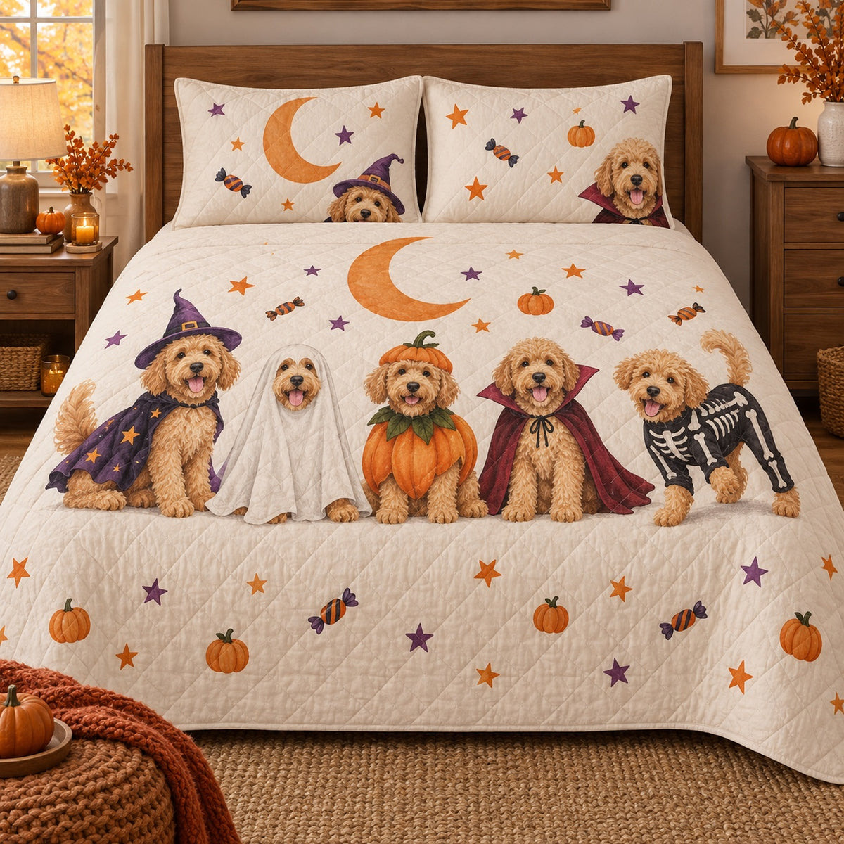 Costume Parade Doodle Goldendoodle Halloween Quilt Set, front Goldendoodle bedroom view