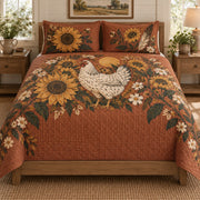 Sunflower Hen Cottage Garden Quilt Set, front Hen bedroom view