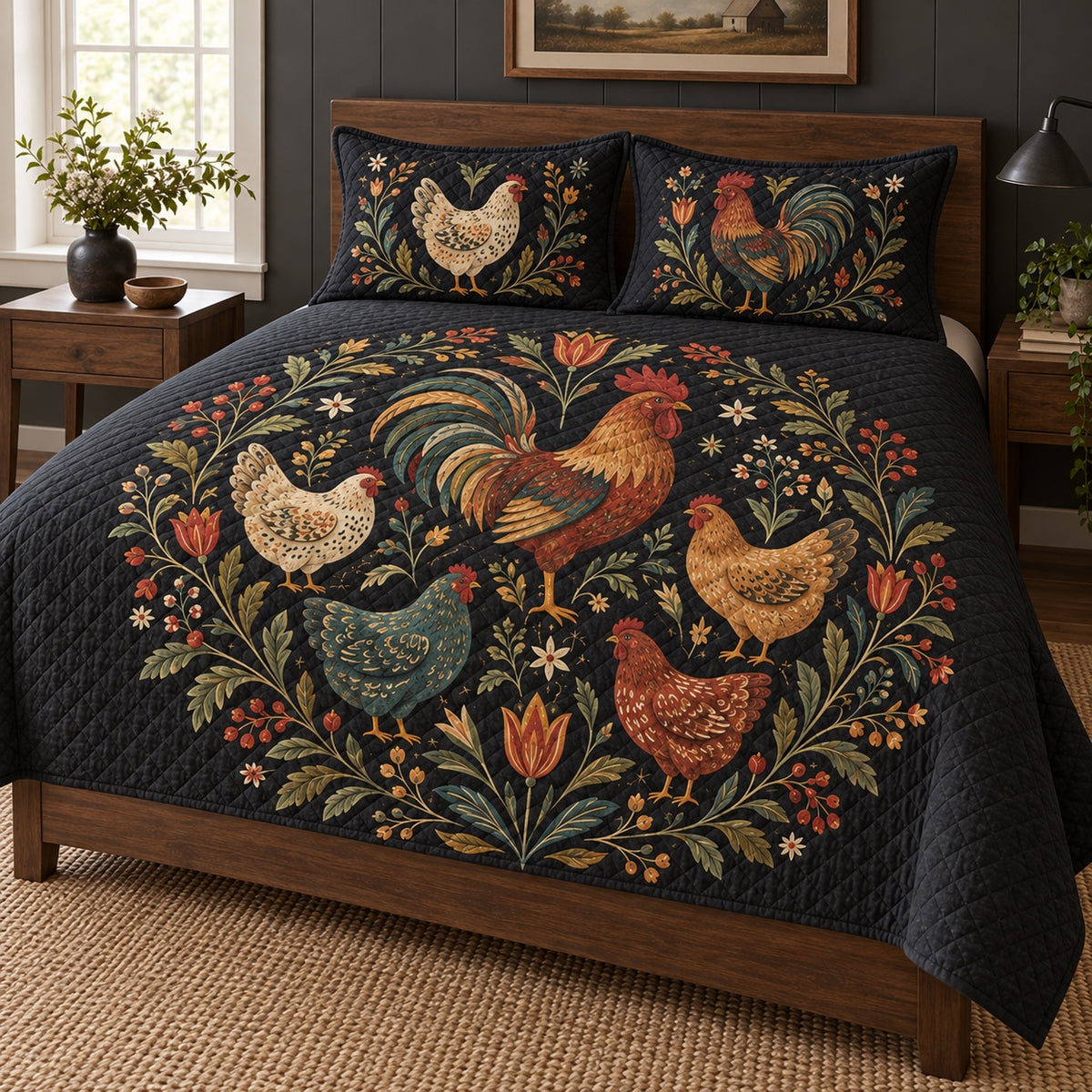 Black Folk Flock Medallion Quilt Set, angled Hen bedroom view