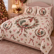 Coquette Christmas Rooster Quilt Set, angled rooster bedroom view