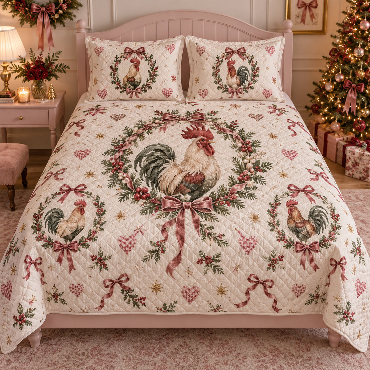 Coquette Christmas Rooster Quilt Set, front rooster bedroom view