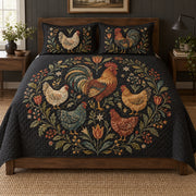 Black Folk Flock Medallion Quilt Set, front Hen bedroom view
