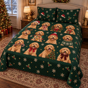 Twelve Doodles of Christmas Goldendoodle Quilt Set, angled Goldendoodle bedroom view