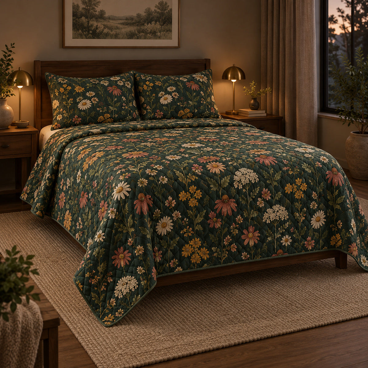 Dark Green Wildflower Botanical Quilt Set