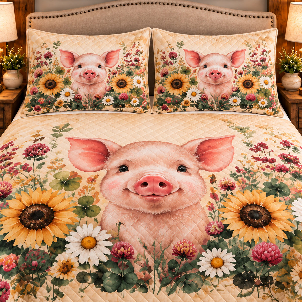 Piglet botanical sunflower quilt set — close-up