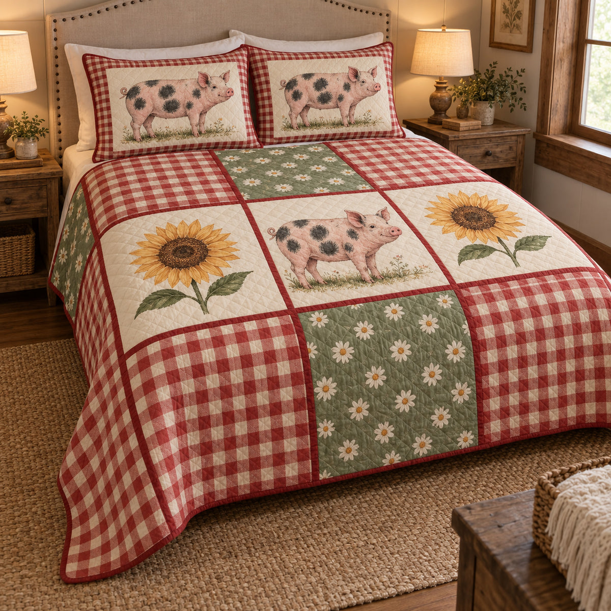 Spotted pig farmhouse patchwork quilt set — left angle hero