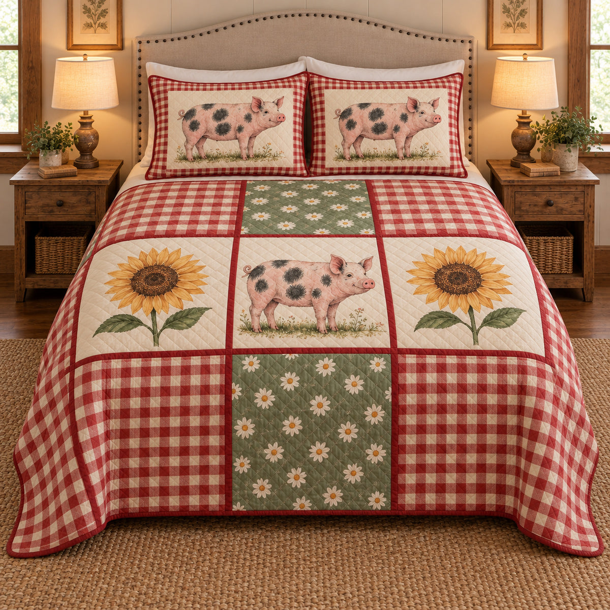 Spotted pig farmhouse patchwork quilt set — front view