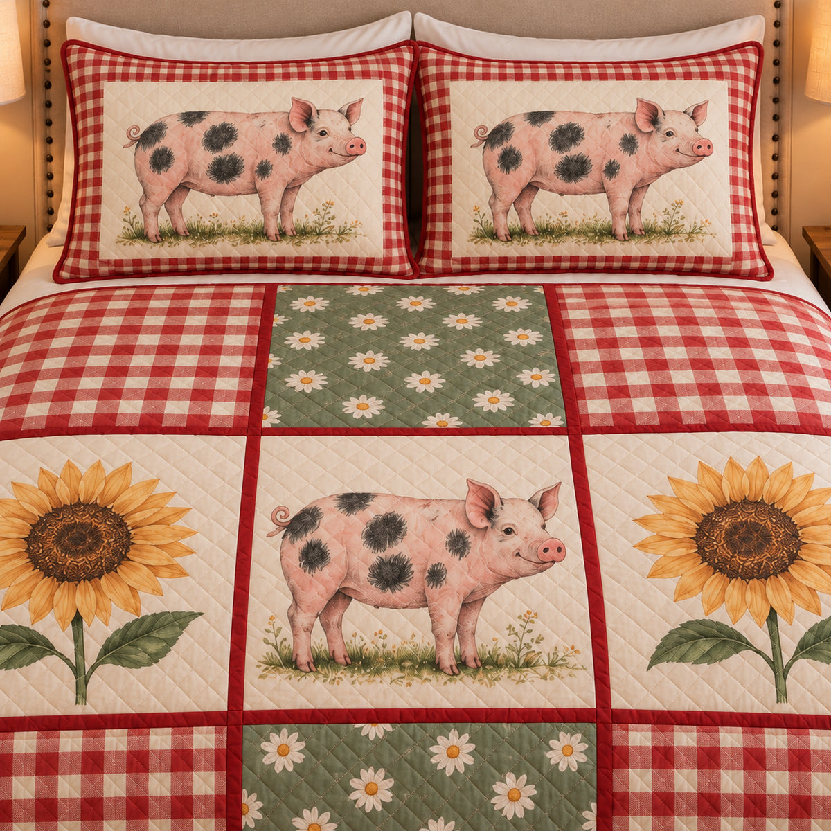 Spotted pig farmhouse patchwork quilt set — close-up