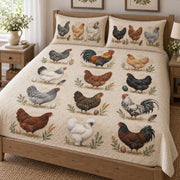 Heritage Chicken Breed Field Guide Quilt Set, angled Hen bedroom view
