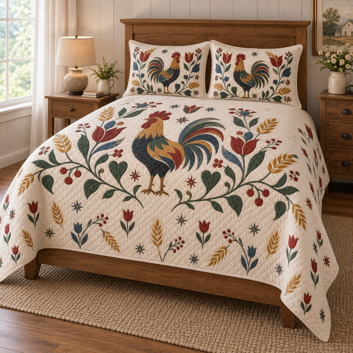 Folk Floral Rooster Quilt Set, angled rooster bedroom view