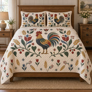 Folk Floral Rooster Quilt Set, front rooster bedroom view