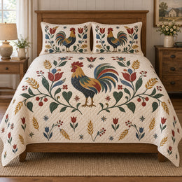 Folk Floral Rooster Quilt Set