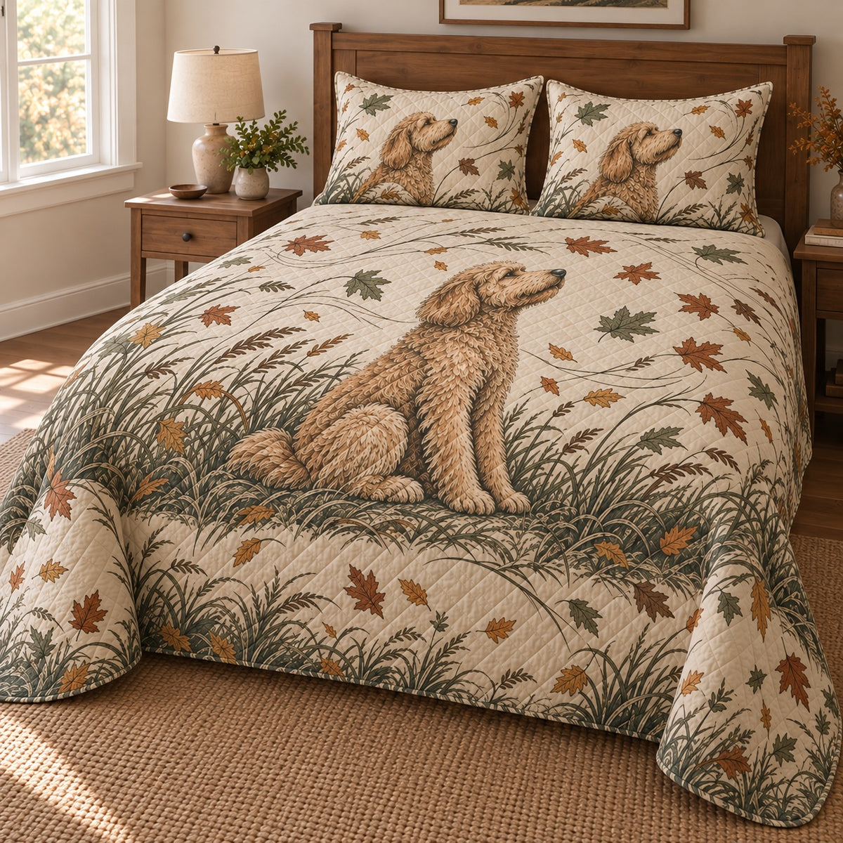 Windward Doodle Goldendoodle Autumn Quilt Set, angled Goldendoodle bedroom view