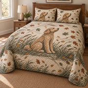 Windward Doodle Goldendoodle Autumn Quilt Set, angled Goldendoodle bedroom view