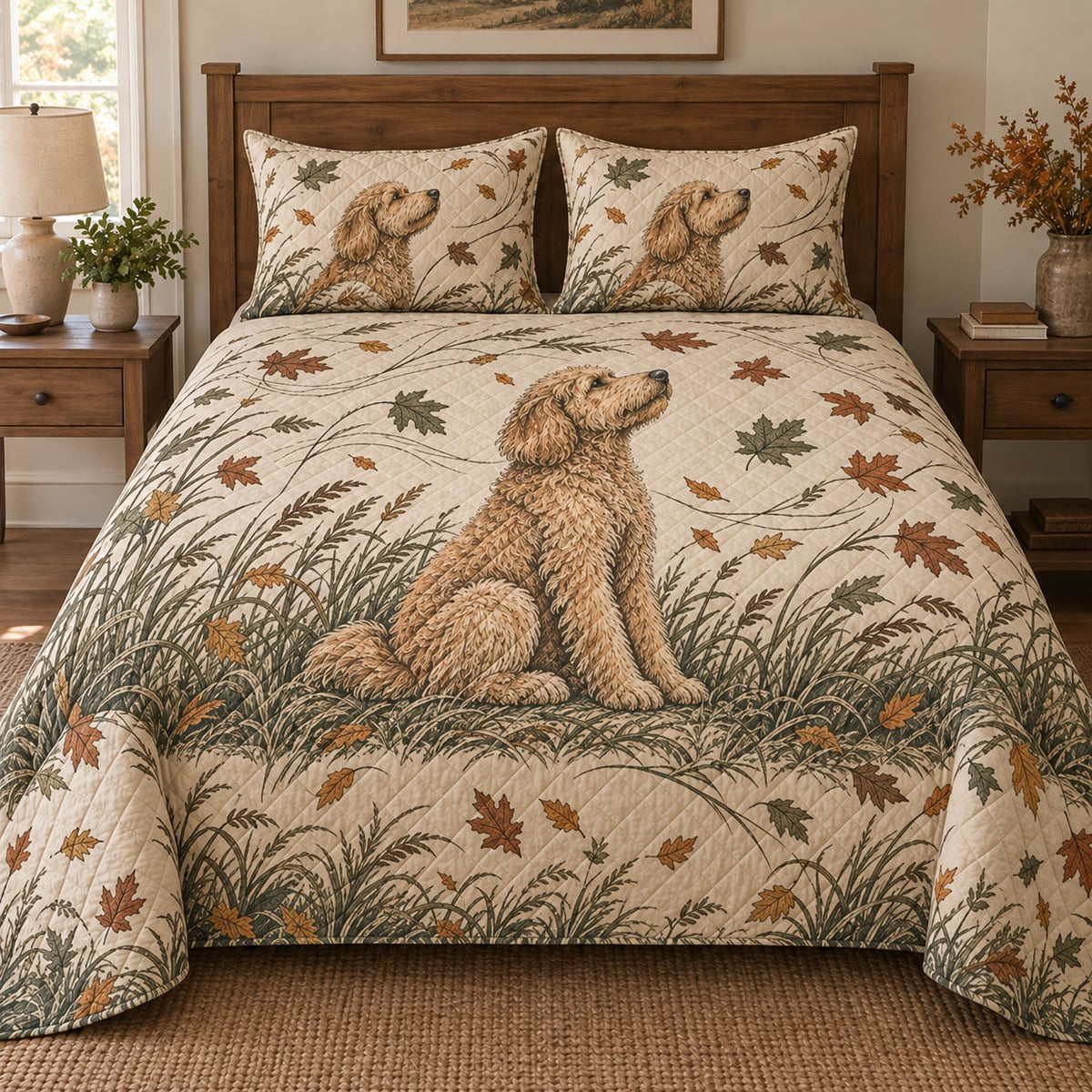 Windward Doodle Goldendoodle Autumn Quilt Set, front Goldendoodle bedroom view