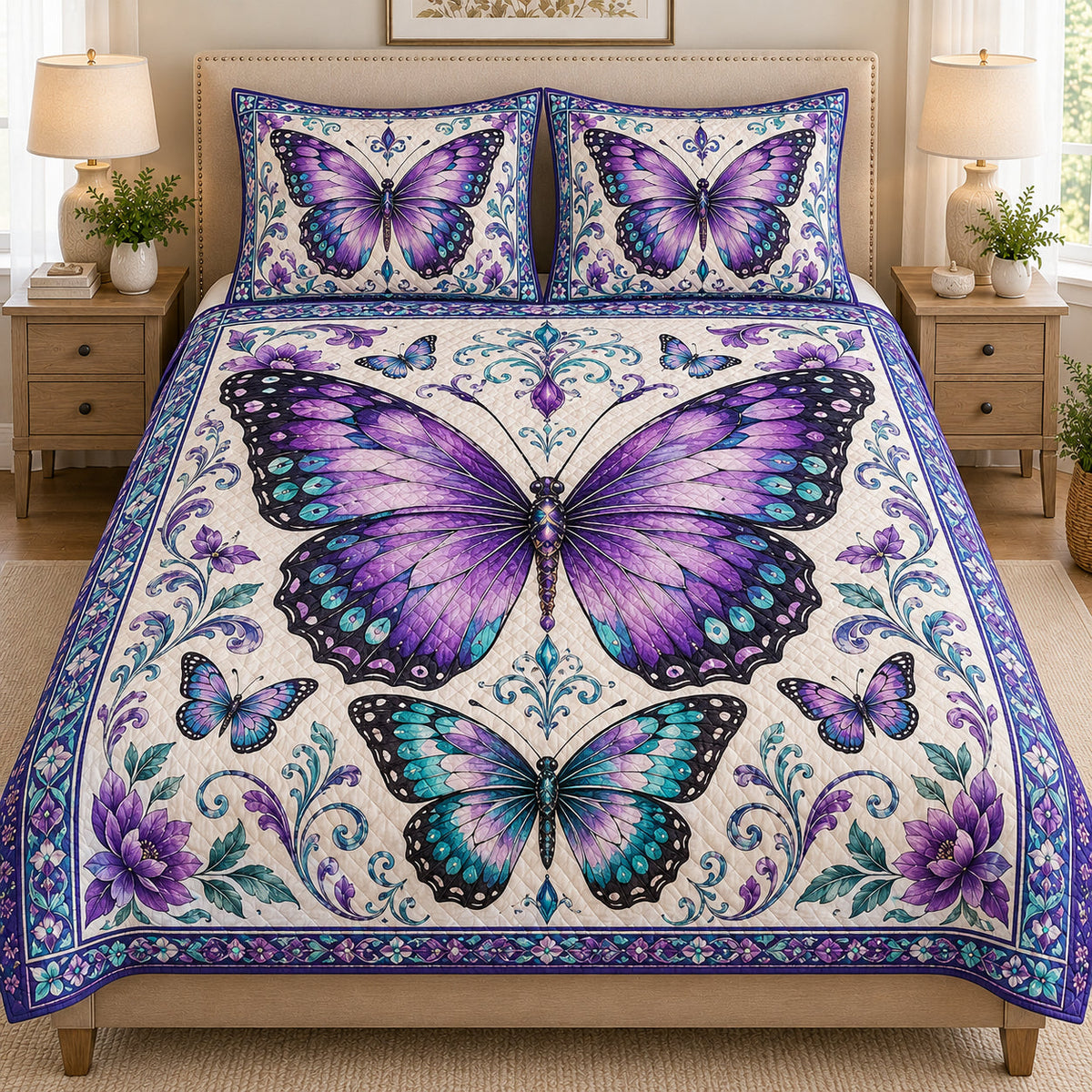 Purple & Teal Butterfly Floral Quilt Set: close view of the quilt artwork showing Purple & Teal Butterfly Floral